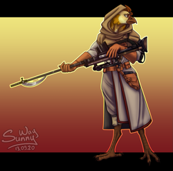 Size: 1013x1000 | Tagged: safe, artist:sunny way, oc, bird, chicken, galliform, anthro, anti-tank rifle, armor, artwork, claws, commission, digital art, feathers, hood, lahti l-39, male, males only, pouch, solo, solo male, weapon
