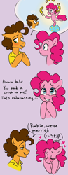 Size: 1080x2796 | Tagged: safe, artist:smol_andriusha, cheese sandwich (mlp), pinkie pie (mlp), earth pony, equine, fictional species, mammal, pony, feral, friendship is magic, hasbro, my little pony, blue eyes, blushing, cheesepie (mlp), comic, dialogue, female, green eyes, heart, lidded eyes, male, male/female, shipping, smiling, talking