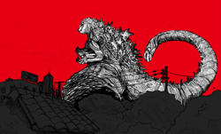 Size: 1469x885 | Tagged: safe, artist:mcsweezys, godzilla (godzilla), bird, fictional species, kaiju, monster, reptile, anthro, cc by-nc-nd, creative commons, godzilla (series), ambient wildlife, ambiguous gender, building, claws, cloud, male, male focus, partial color, power lines, restricted palette, roof, sky, solo focus, tail, telephone pole, tree, utility pole