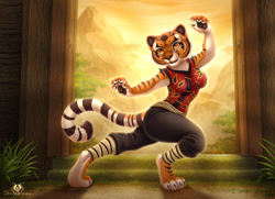 Size: 1000x722 | Tagged: safe, artist:dolphiana, master tigress (kung fu panda), big cat, feline, mammal, tiger, anthro, digitigrade anthro, dreamworks animation, kung fu panda, breasts, cheek fluff, claws, clothes, colored sclera, ear fluff, female, fluff, front view, fur, leg wraps, outdoors, paw pads, paws, ringtail, side view, solo, solo female, striped body, striped fur, stripes, tail, three-quarter view, wraps, yellow sclera