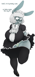 Size: 782x1701 | Tagged: suggestive, artist:mcsweezys, oc, oc only, oc:gran bun (mcsweezys), lagomorph, mammal, rabbit, anthro, bags under eyes, blushing, breasts, buckteeth, cameltoe, clothes, dress, dress lift, female, gloves, high heels, huge breasts, looking down, maid, maid headdress, maid outfit, mature, mature female, on one leg, open mouth, panties, raised leg, shoes, simple background, smiling, teeth, thick thighs, thighs, underwear, white background