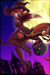 Size: 853x1280 | Tagged: safe, artist:ariveil, canine, fox, mammal, anthro, boots, breasts, broom, buckles, candy, cauldron, clothes, dress, ear piercing, female, flying, food, fur, hair, halloween, hand on hat, hat, holiday, legwear, looking at you, looking back, looking back at you, moon, multicolored fur, open mouth, open smile, outdoors, piercing, red hair, riding, shoes, smiling, smiling at you, solo, solo female, spellbook, spikes, thigh highs, vixen, witch, witch hat
