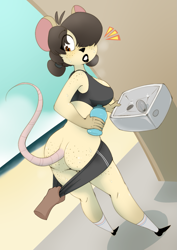 Size: 1117x1581 | Tagged: suggestive, artist:mcsweezys, oc, oc:pepper (mcsweezys), mammal, mouse, rodent, anthro, plantigrade anthro, assisted exposure, beach, blushing, bottomwear, breast freckles, breasts, butt, butt freckles, clothes, disembodied hand, duo, female, female focus, fountain, freckles, hair, hair over one eye, holding object, lipstick, makeup, nudity, ocean, outdoors, partial nudity, sand, shoes, shorts, shorts pulled down, shoulder freckles, socks, solo focus, surprised, sweat, tail, topwear, water, water bottle