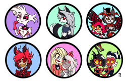 Size: 3000x1920 | Tagged: safe, artist:dawn-designs-art, alastor (hazbin hotel), angel dust (hazbin hotel), blitzo (vivzmind), charlie (hazbin hotel), husk (hazbin hotel), loona (vivzmind), millie (vivzmind), moxxie (vivzmind), niffty (hazbin hotel), vaggie (hazbin hotel), angel, animal humanoid, arachnid, arthropod, canine, cat, cervid, cyclops, deer, demon, feline, fictional species, hellhound, imp, mammal, spider, undead, anthro, humanoid, hazbin hotel, helluva boss, abstract background, amber eyes, antlers, black body, black fur, black hair, black sclera, blonde hair, bow, bow tie, buck, canon ship, chaggie (hazbin hotel), charlie magne (hazbin hotel), chest fluff, clothes, colored sclera, daughter, demon horns, digital art, disguise, disguised angel, duo, ear fluff, ears, exorcist angel, fallen angel, father, father and child, father and daughter, feathered wings, feathers, female, female/female, femboy, fluff, freckles, fur, gloves, gray hair, gray skin, grin, group, hair, hair bow, horns, humanoid/humanoid, husband, husband and wife, interspecies, leonine tail, looking at each other, looking at something, looking at you, m&m (vivzmind), male, male/female, mature, mature male, one eye, orange eyes, orange sclera, overlord demon, pink sclera, princess, princess of hell, red eyes, red hair, red sclera, red skin, sharp teeth, shipping, signature, simple background, sinner demon, skin, smiling, spade tail, suit, tail, teeth, torn ear, white body, white eyes, white fur, white hair, wife, wings, yellow eyes, yellow sclera