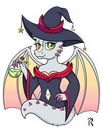 Size: 2000x2500 | Tagged: safe, artist:dawn-designs-art, oc, oc only, oc:lemonsnout, dragon, fictional species, anthro, claws, clothes, commission, costume, digital art, female, fluff, food, fruit, green eyes, halloween, halloween costume, hat, head fluff, high res, holiday, horn, lemon, looking at you, potion, signature, simple background, smiling, smiling at you, solo, solo female, tail, transparent background, wings, witch, witch hat