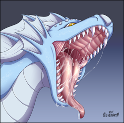 Size: 1000x987 | Tagged: suggestive, artist:silvergrin-w, dragon, fictional species, reptile, scaled dragon, feral, bust, frill, mawshot, open mouth, portrait, saliva, sharp teeth, teeth, three-quarter view, tongue, tongue out