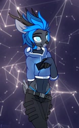 Size: 2193x3506 | Tagged: safe, artist:justafallingstar, oc, oc only, oc:vibrant star (justafallingstar), cervid, deer, mammal, anthro, 2019, abstract background, blue body, blue eyes, blue fur, bottomwear, cell phone, clothes, fur, gray body, gray fur, high res, hoodie, male, no pupils, pants, phone, smartphone, smiling, solo, solo male, topwear