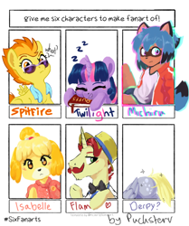 Size: 768x917 | Tagged: safe, artist:pucksterv, derpy hooves (mlp), flam (mlp), isabelle (animal crossing), michiru kagemori (bna), spitfire (mlp), twilight sparkle (mlp), alicorn, canine, dog, equine, fictional species, mammal, pegasus, pony, raccoon dog, shih tzu, unicorn, anthro, feral, six fanarts, animal crossing, bna: brand new animal, friendship is magic, hasbro, my little pony, nintendo, amber eyes, book, bottomwear, bow tie, butt, chromatic aberration, clothes, crossover, eyes closed, female, glasses, green eyes, hat, hoodie, looking at you, male, meme, moustache, multicolored eyes, shirt, shorts, simple background, sitting, sleeping, sparkles, sports shorts, sunglasses, text, topwear, towel, two toned eyes, white background, zzz