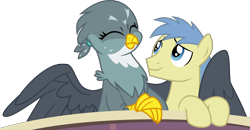 Size: 4784x2482 | Tagged: safe, artist:limedazzle, gabby (mlp), golden grape (mlp), bird, earth pony, equine, feline, fictional species, gryphon, mammal, pony, feral, friendship is magic, hasbro, my little pony, 2016, bird feet, duo, eyes closed, female, happy, high res, hug, male, on model, simple background, smiling, tail, transparent background, vector, wing hug, wings