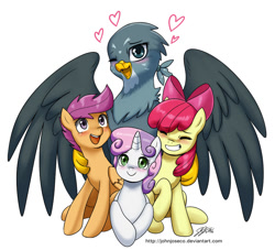 Size: 1100x997 | Tagged: safe, artist:johnjoseco, apple bloom (mlp), gabby (mlp), scootaloo (mlp), sweetie belle (mlp), bird, earth pony, equine, feline, fictional species, gryphon, mammal, pegasus, pony, unicorn, feral, friendship is magic, hasbro, my little pony, 2016, applelove, bird feet, blushing, bow, cute, cutie mark crusaders (mlp), eyes closed, feathered wings, feathers, female, filly, foal, folded wings, grin, hair bow, heart, hooves, horn, hug, looking at you, lying down, one eye closed, open mouth, prone, raised hoof, simple background, sitting, smiling, spread wings, tail, white background, wings, winking, young