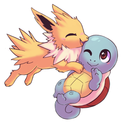 Size: 807x768 | Tagged: safe, alternate version, artist:pucksterv, eeveelution, fictional species, jolteon, mammal, squirtle, feral, nintendo, pokémon, amber eyes, blushing, cheek fluff, chest fluff, cute, duo, eyes closed, female, fluff, holding, hug, jumping, looking at each other, male, open mouth, simple background, smiling, starter pokémon, teeth, transparent background