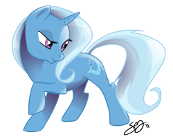 Size: 922x741 | Tagged: dead source, safe, artist:probablyfakeblonde, trixie (mlp), equine, fictional species, mammal, pony, unicorn, feral, friendship is magic, hasbro, my little pony, 2012, female, hooves, horn, looking away, looking back, mare, raised eyebrow, raised hoof, signature, simple background, smiling, smirk, solo, solo female, tail, transparent background