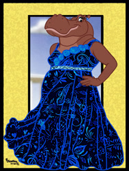 Size: 1200x1600 | Tagged: safe, artist:rob32, hyacinth hippo (fantasia), hippopotamus, mammal, anthro, fantasia, 2016, abstract background, bipedal, black eyes, brown body, clothes, dance of the hours, dress, ear piercing, earring, eyeliner, female, hand on hip, hands, makeup, piercing, signature, smiling, solo, solo female, yellow border