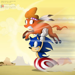 Size: 1250x1251 | Tagged: safe, artist:niban-destikim, little strongheart (mlp), sonic the hedgehog (sonic), bison, bovid, buffalo, hedgehog, mammal, anthro, feral, friendship is magic, hasbro, my little pony, sega, sonic the hedgehog (series), 2019, black eyes, blue body, clothes, cloven hooves, crossover, desert, duo, duo male and female, dust, eyelashes, feather, female, fur, gloves, green eyes, holding character, hooves, male, motion blur, no pupils, orange body, orange fur, outdoors, patreon logo, quills, scared, tail, tan body
