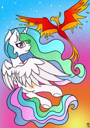Size: 1600x2271 | Tagged: safe, artist:dawn-designs-art, philomena (mlp), princess celestia (mlp), alicorn, equine, fictional species, mammal, phoenix, pony, feral, friendship is magic, hasbro, my little pony, abstract background, digital art, ear fluff, female, fluff, flying, fun, gradient background, hooves, horn, looking at you, magenta eyes, signature, sparkly mane, sparkly tail, sunrise, tail, wings