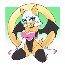 Size: 2100x2100 | Tagged: safe, artist:ambris, rouge the bat (sonic), bat, mammal, anthro, sega, sonic the hedgehog (series), 1:1, 2020, bat wings, big breasts, blue eyes, boots, border, breasts, choker, cleavage, clothes, cyan eyes, female, gem, gloves, hair, heart, high res, jewelry, kneeling, legwear, leotard, looking at you, ring (sonic), shoes, smiling, smiling at you, solo, solo female, strapless leotard, thigh highs, webbed wings, white border, white hair, wings