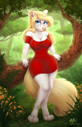 Size: 708x1100 | Tagged: safe, artist:dolphiana, minerva mink (animaniacs), mammal, mink, mustelid, anthro, animaniacs, warner brothers, blue eyes, bottomwear, breasts, clothes, dress, female, solo, solo female, watermark, wide hips