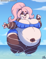 Size: 825x1050 | Tagged: suggestive, artist:nekocrispy, part of a set, oc, oc only, oc:alia (nekocrispy), bear, mammal, panda, anthro, art pack:mary and friends swimsuit artpack, 2020, belly button, big breasts, breasts, clothes, eyes closed, fat, female, obese, open mouth, smiling, solo, solo female, swimsuit, water