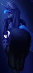 Size: 1852x4096 | Tagged: suggestive, artist:nexcoyotlgt, princess luna (mlp), alicorn, equine, fictional species, mammal, pony, anthro, friendship is magic, hasbro, my little pony, anthrofied, butt, clothes, dress, female, garter belt, garter straps, legwear, lidded eyes, looking at you, looking back, nun, panties, see-through, side slit, smiling, solo, solo female, stockings, teasing, thick thighs, thigh highs, thighs, underwear, wings