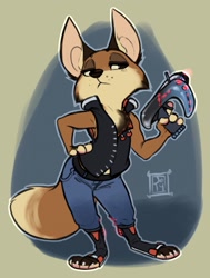 Size: 969x1280 | Tagged: safe, artist:reign-2004, oc, oc only, canine, fox, mammal, anthro, plantigrade anthro, 2016, brown body, brown fur, clothes, female, fur, gun, jeans, lidded eyes, pants, solo, solo female, topwear, vest, vixen, weapon
