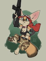 Size: 960x1280 | Tagged: safe, artist:reign-2004, oc, oc only, oc:sam (stripedwolf), canine, fennec fox, fox, mammal, anthro, digitigrade anthro, 2017, abstract background, armwear, assault rifle, belly button, bottomwear, breasts, camouflage, chest fluff, cleavage, clothes, collar, female, fluff, frowning, fur, goggles, green eyes, gun, hair, m-16, orange body, orange fur, pants, paw pads, paws, red hair, rifle, solo, solo female, tank top, topwear, underpaw, vixen, weapon