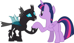 Size: 9988x5914 | Tagged: dead source, safe, artist:pink1ejack, thorax (mlp), twilight sparkle (mlp), alicorn, arthropod, changeling, equine, fictional species, mammal, pony, feral, friendship is magic, hasbro, my little pony, 2016, absurd resolution, curved horn, duo, fangs, feathered wings, feathers, female, folded wings, holding hooves, hooves, horn, insect wings, looking at each other, male, on model, open mouth, raised hoof, sharp teeth, simple background, smiling, tail, teeth, transparent background, vector, wings