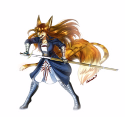Size: 3984x3776 | Tagged: safe, artist:sdark391, big cat, canine, feline, fox, hybrid, leopard, mammal, anthro, digitigrade anthro, angry, armor, boots, clothes, female, high res, scabbard, shoes, signature, simple background, solo, solo female, sword, weapon, white background, yellow eyes