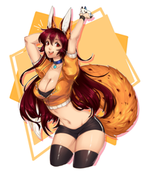 Size: 871x1031 | Tagged: safe, artist:ayshun, animal humanoid, fictional species, mammal, feral, humanoid, big breasts, bottomwear, breasts, cleavage, clothes, collar, female, female focus, jacket, legwear, looking at you, red eyes, shorts, smiling, solo focus, thigh highs, topwear