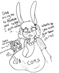 Size: 720x885 | Tagged: dead source, suggestive, artist:mcsweezys, oc, oc only, oc:butterscotch (mcsweezys), oc:gran bun (mcsweezys), canine, dog, lagomorph, mammal, rabbit, anthro, black and white, blushing, breasts, buckteeth, chest fluff, cleavage, clothes, dialogue, duo, embarrassed, eyes closed, fangs, female, female focus, fluff, grayscale, huge breasts, intersex, intersex female, jewelry, mature, mature female, monochrome, necklace, nipple outline, open mouth, sharp teeth, shirt, shrug, solo focus, sweat, talking, teeth, text, topwear
