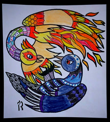 Size: 1084x1205 | Tagged: safe, artist:dawn-designs-art, bird, corvid, crow, fictional species, phoenix, songbird, feral, abstract, blue eyes, claws, duo, female, fighting, looking at each other, male, red eyes, talons, traditional art, wings