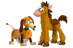 Size: 1024x683 | Tagged: safe, artist:praisecastiel, bullseye (toy story), slinky (toy story), canine, dachshund, dog, equine, horse, mammal, feral, disney, pixar, toy story, 2d, duo, duo male, male, males only, stallion