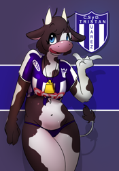 Size: 538x770 | Tagged: suggestive, artist:elpatrixf, bovid, cattle, cow, mammal, anthro, belly button, clothes, csd tristán suárez, female, jersey, panties, solo, solo female, underwear