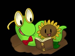 Size: 900x675 | Tagged: safe, artist:lester-caramello, lex (bookworm), animate plant, annelid, fictional species, sunflower (pvz), worm, feral, bookworm (game), plants vs zombies, popcap games, crossover, duo, duo male and female, female, flower, male, plant, sunflower