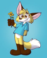Size: 1033x1280 | Tagged: safe, artist:kipper_snax, oc, oc only, oc:monty (montypuffs), canine, fox, mammal, anthro, plantigrade anthro, arm fluff, blushing, bottomless, brown body, brown eyes, brown fur, cheek fluff, colored pupils, cute, ear tuft, eyebrows, featureless crotch, flower, fluff, front view, fur, glasses, gloves (arm marking), gradient background, hair, hand behind back, hand hold, holding, looking at you, male, nudity, partial nudity, paws, pink body, smiling, socks (leg marking), solo, solo male, standing, tail, tail fluff, teeth, white body, white fur, yellow body, yellow fur, yellow hair