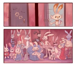 Size: 1153x991 | Tagged: safe, artist:parallelpie, bugs bunny (looney tunes), energizer bunny (energizer), judy hopps (zootopia), king kazma (summer wars), max (max & ruby), max (sam & max), miffy (miffy), my melody (sanrio), oswald the lucky rabbit (disney), roger rabbit (roger rabbit), trix rabbit (general mills), were-rabbit (wallace and gromit), fictional species, lagomorph, mammal, rabbid, rabbit, scorbunny, anthro, plantigrade anthro, semi-anthro, disney, energizer, general mills, hello kitty (series), looney tunes, max & ruby, mickey and friends, miffy (series), nickelodeon, nintendo, pokémon, rayman (series), sanrio, summer wars, ubisoft, wallace and gromit, warner brothers, who framed roger rabbit, zootopia, 2019, belt, black body, black eyes, bottomless, bottomwear, bow tie, cheek fluff, clothes, comic, complete nudity, crossover, digital art, door, dot eyes, drink, eyes closed, featureless crotch, female, floppy ears, flower, flower on head, fluff, fur, gloves, goggles, gray body, gray fur, group, hand hold, head fluff, holding, indoors, knocking, large group, long ears, male, nudity, open door, open mouth, pants, partial nudity, paws, police uniform, sitting, standing, starter pokémon, talking, teeth, white body, white fur