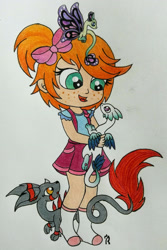 Size: 1999x3001 | Tagged: safe, artist:dawn-designs-art, oc, oc only, oc:alex, dragon, feathered dragon, fictional species, human, mammal, feral, amber eyes, butterfly dragon, butterfly wings, child, feathers, female, green eyes, horn, magenta eyes, male, paws, perrin, signature, species:perrin, tail, traditional art, wings, young