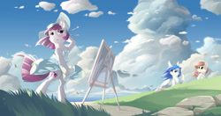 Size: 4096x2163 | Tagged: safe, artist:dreamweaverpony, oc, oc only, oc:lady diamante, oc:lumi, oc:shade, earth pony, equine, fictional species, mammal, pegasus, pony, unicorn, feral, friendship is magic, hasbro, my little pony, 2d, absurd resolution, anime style, basket, bipedal, blue eyes, blue hair, blushing, bottomwear, bread, brush, canvas, clothes, cloud, cottagecore, cutie mark, detailed background, dress, female, fluff, food, glasses, grass, hair, hat, hooves, mane, mare, ocean, outdoors, paintbrush, painting, picnic, picnic basket, red eyes, red hair, red mane, red tail, round glasses, scar, scenery, skirt, skirt lift, summer, tail, toast, water, wind, windswept hair, windswept tail, wings
