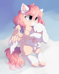 Size: 2500x3100 | Tagged: safe, artist:dreamweaverpony, oc, oc only, oc:linen (linenblankie), equine, fictional species, lagomorph, mammal, pegasus, pony, rabbit, feral, friendship is magic, hasbro, my little pony, blushie, cloud, commission, cream body, cream fur, curled hair, cute, ear fluff, eyelashes, female, fluff, flying, freckles, fur, hair, high res, holding, hoof hold, hooves, mare, multicolored fur, on a cloud, pink coat, pink eyes, pink hair, plushie, sitting, sitting on a cloud, sky, solo, solo female, tail, teenager, white body, white fur, wings