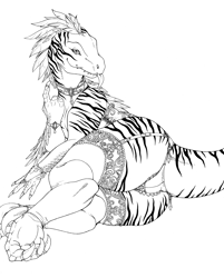 Size: 3471x4316 | Tagged: suggestive, alternate version, artist:longinius, collaboration, oc, oc:sabryne (rothar), dinosaur, feathered dinosaur, raptor, theropod, utahraptor, semi-anthro, bed, black and white, butt, clothes, curtains, feathers, female, garter, grayscale, high res, lace, lace panties, line art, lying down, monochrome, on side, panties, presenting, rear view, reptile feet, reptile soles, simple background, soles, solo, solo female, striped body, tail, tongue, tongue out, underwear, white background