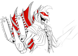 Size: 1280x916 | Tagged: safe, artist:mcsweezys, fictional species, kaiju, monster, reptile, anthro, godzilla (series), chainsaw, cyborg, gigan (godzilla), male, open mouth, partial color, sharp teeth, simple background, sketch, solo, solo male, spikes, teeth, white background, wings
