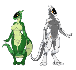 Size: 1500x1397 | Tagged: safe, artist:vader-san, android, fictional species, robot, synth, anthro, digitigrade anthro, cc by-nc, creative commons, duo, female, gray body, green body, horns, male, nostrils, nudity, orange eyes, simple background, transparent background, visor, white body, yellow eyes