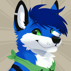 Size: 1000x1000 | Tagged: safe, artist:feve, oc, oc only, oc:aozora (aoz0ra), canine, mammal, wolf, feral, 2020, abstract background, bandanna, black body, black fur, blue hair, bust, cheek fluff, clothes, digital art, ear fluff, ear piercing, earring, fluff, front view, fur, green eyes, hair, looking at you, male, neck fluff, piercing, portrait, solo, solo male, three-quarter view, whiskers, white body, white fur