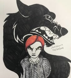 Size: 1080x1183 | Tagged: safe, artist:stargazerseven, oc, oc only, canine, human, mammal, wolf, feral, 2018, clothes, duo, female, irl, photo, photographed artwork, traditional art