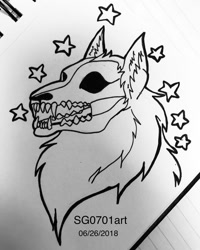 Size: 1080x1350 | Tagged: safe, artist:stargazerseven, oc, oc only, canine, mammal, wolf, feral, 2018, ambiguous gender, bone, bust, irl, line art, photo, photographed artwork, skull, solo, solo ambiguous, traditional art