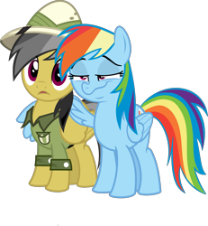 Size: 9489x10287 | Tagged: dead source, safe, artist:pink1ejack, daring do (mlp), rainbow dash (mlp), equine, fictional species, mammal, pegasus, pony, feral, friendship is magic, hasbro, my little pony, 2016, absurd resolution, clothes, duo, duo female, faic, female, folded wings, hat, hug, inkscape, on model, open mouth, simple background, smug, tail, transparent background, vector, wing hug, wings