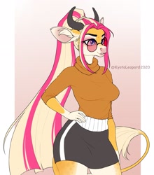 Size: 2551x2893 | Tagged: safe, artist:kyotoleopard, bovid, cattle, cow, mammal, anthro, blue eyes, border, bottomwear, clothes, comic sans, female, glasses, high res, horns, round glasses, skirt, solo, solo female, sweater, topwear, turtleneck, white border