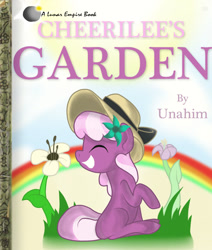 Size: 900x1062 | Tagged: safe, artist:trace-101, cheerilee (mlp), earth pony, equine, fictional species, mammal, pony, feral, fanfic:cheerilee's garden (mlp), friendship is magic, hasbro, my little pony, blank flank, children's book, clothes, cover, crossing the line twice, cute, eyes closed, fanfic, fanfic art, female, flower, flower in hair, grass, grimcute, grimdark source, hair, hair accessory, hat, implied grimdark, little golden book, mare, parody, rainbow, sitting, smiling, solo, solo female, text, we are going to hell