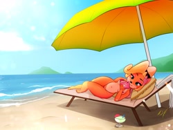 Size: 2800x2100 | Tagged: suggestive, artist:applespicex, coco bandicoot (crash bandicoot), bandicoot, mammal, marsupial, anthro, plantigrade anthro, crash bandicoot (series), alcohol, beach, beach chair, beach umbrella, belly button, bikini, breasts, cell phone, chair, clothes, cocktail, detailed background, drink, eyebrows, eyelashes, eyeshadow, female, flower, flower in hair, fur, glasses, glasses on head, green eyes, hair, hair accessory, high res, holding object, lying down, makeup, micro bikini, orange body, orange fur, pale belly, phone, pillow, signature, smartphone, solo, solo female, sunglasses, sunglasses on head, swimsuit, tan body, tan fur, umbrella, wide hips, yellow hair