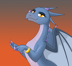 Size: 2344x2152 | Tagged: suggestive, artist:pencil bolt, oc, oc only, oc:june (pencil bolt), dragon, fictional species, semi-anthro, amber eyes, bedroom eyes, bracelet, claws, dragoness, female, gradient background, hand gesture, high res, innuendo, jewelry, looking at you, nose horn, slit pupils, smiling, solo, solo female, spikes, webbed wings, wings