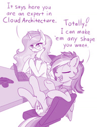 Size: 1000x1308 | Tagged: safe, artist:dstears, princess celestia (mlp), rainbow dash (mlp), alicorn, equine, fictional species, mammal, pegasus, pony, feral, friendship is magic, hasbro, my little pony, 2019, clothes, comically missing the point, computer, cutie mark, dialogue, english text, eyes closed, female, glasses, hooves, job interview, laptop, misunderstanding, monochrome, necktie, programming, pun, simple background, talking, text, underhoof, white background